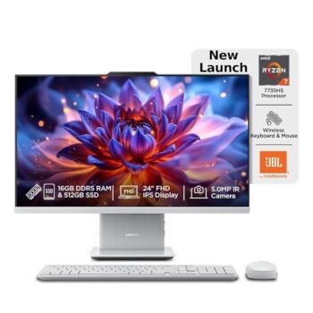 Lenovo IdeaCentre AIO Ryzen 7 7735HS 23.8" FHD IPS All-in-One Desktop (16GB RAM/512GB SSD/Win11/Microsoft 365 Basic + Office Home 2024/3Wx2 Speakers/5MP Camera/Wireless Keyboard & Mouse), F0HR008YIN