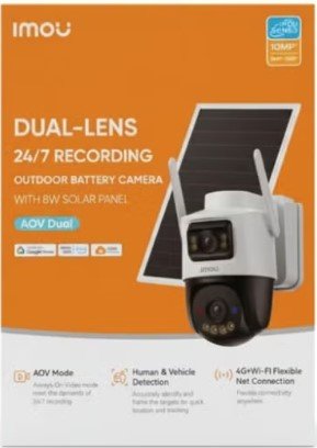 AOV Dual 10MP (2×5MP) Outdoor Security Camera, 4G LTE + 2.4GHz Wi-Fi, Dual-Lens Wide + PT Camera, 10000mAh Battery + Solar Panel, Always-On Video (AOV), AI Human & Vehicle Detection, Color Night Vision, Two-Way Audio, Siren & Spotlight, microSD up to 512GB, Weatherproof | IPC-SA70F-10M0T2-EU/FSP008